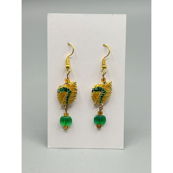 Vintage Enamel Caterpillar on Golden Leaf Dangle Earrings with Bead Accents - Picture 5 of 7